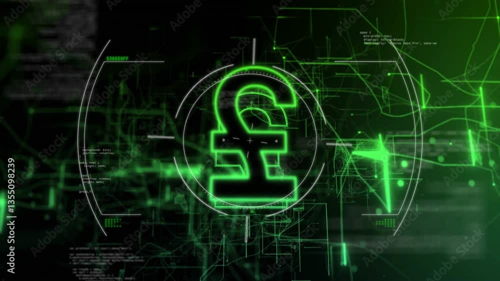 Poster animation of glowing pound symbol with digital data and green network connections