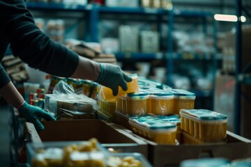 Fototapeta premium A volunteer is organizing non-perishable food items at a local food bank to help families in need