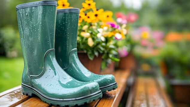 Rain boots stand in a garden, ready for an adventure amid blooming flowers, perfectly blending practicality with the beauty of nature.