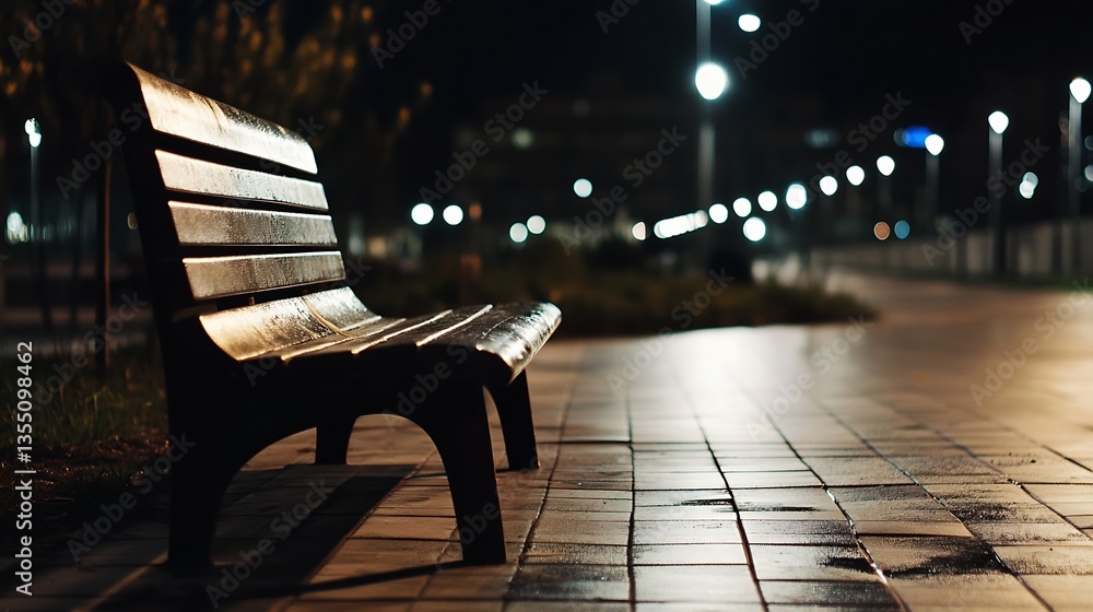 Leinwandbilder nighttime scene of empty park bench with reflection on wet pavement : generative ai