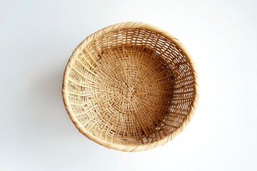 Top Down View of Round Woven Basket on White Background