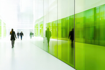 Fototapeta premium Blurred office interior with green glass wall and people walking