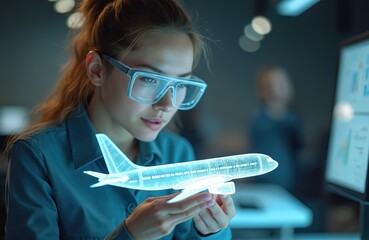 Female engineer studies airplane model hologram, conducts research, development tests in office. Woman works with tech, innovation, aerospace, simulation. Modern digital workplace, future technology