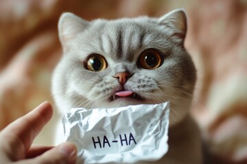 A gray cat with tongue sticking out holding a crumpled paper with the words ha ha written on it held by a hand