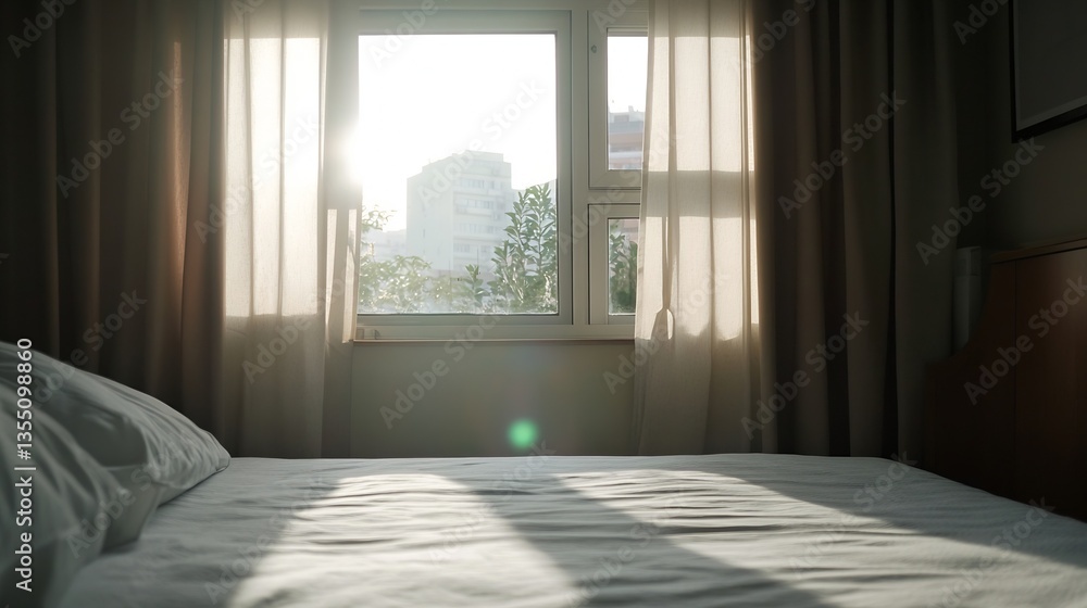 Poster sunlight streaming through window of cozy bedroom with soft bedding and morning light : generative a