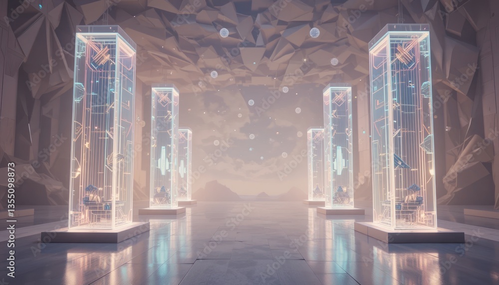 Aufkleber futuristic digital art installation virtual gallery 3d render abstract environment perspective view 