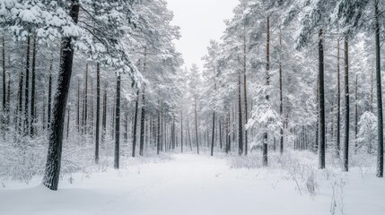 A snow covered forest path among tall evergreen trees