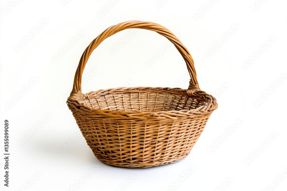 Poster empty wicker basket with handle on white background studio shot