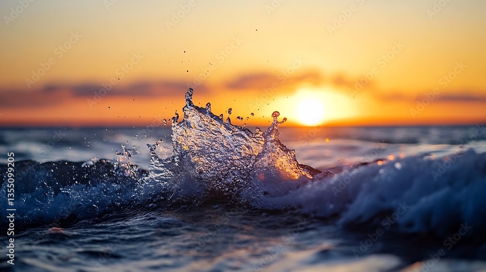 Poster closeup view of ocean water splashing in the sunset highlighting the dynamic motion and beauty of na