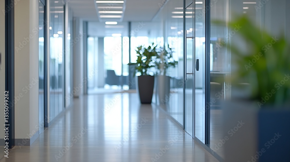 Poster Bright and airy modern office corridor adorned with greenery and glass panels creating an inviting workspace : Generative AI