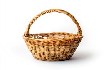 Obraz premium Woven Wicker Basket with Handle on White Background for Storage