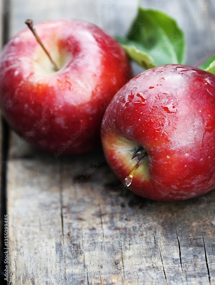 Aufkleber two fresh red apples with droplets on rustic wooden table for healthy eating and snacks : generative