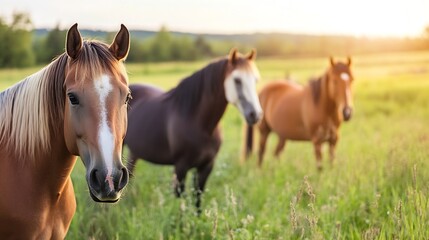 Obraz premium Three horses in a green field at sunset showcasing beauty and gracefulness in nature : Generative AI