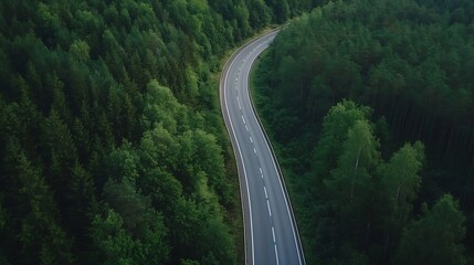 Aerial view of a winding road cutting through lush green forests showcasing nature's beauty and serenity : Generative AI