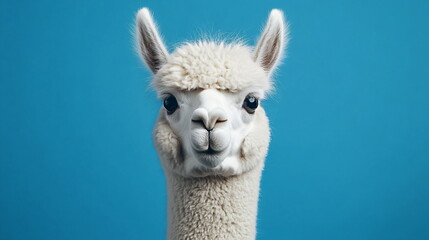 Obraz premium Funny white alpaca on blue background
