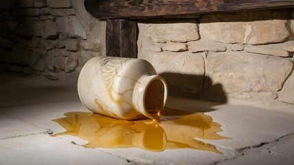 An alabaster jar with spilled oil