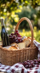 Summer Picnic Basket with Wine Grapes Cheese and Bread