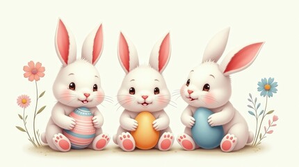 Three adorable Easter bunnies holding colorful eggs in a spring setting.