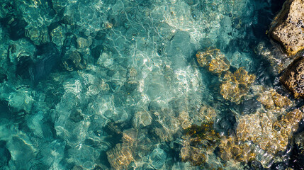 Fototapeta premium Clear turquoise water revealing vibrant coral formations and rocky seabed under sunlight