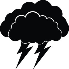 Black Storm Cloud With Lightning Bolts Isolated on White, Silhouette Icon, Weather