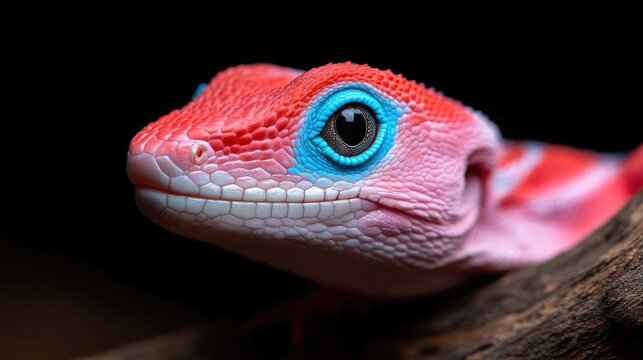 Close-up of a vibrant pink lizard with striking blue eyes, perched on a branch