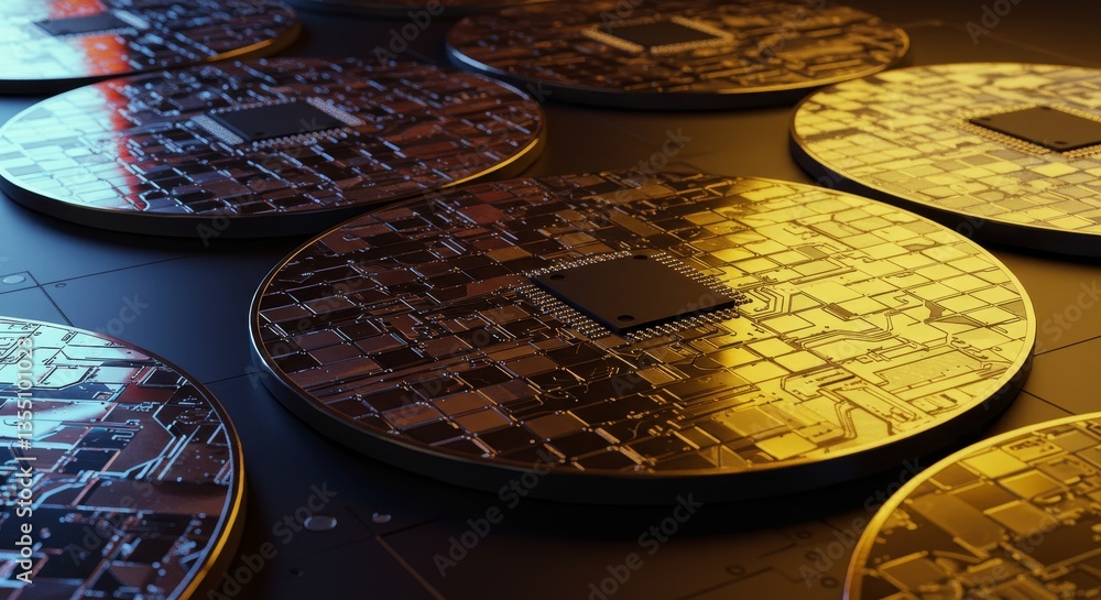 Poster golden circuit boards technology - close-up of multiple golden circuit boards with microchips, showc