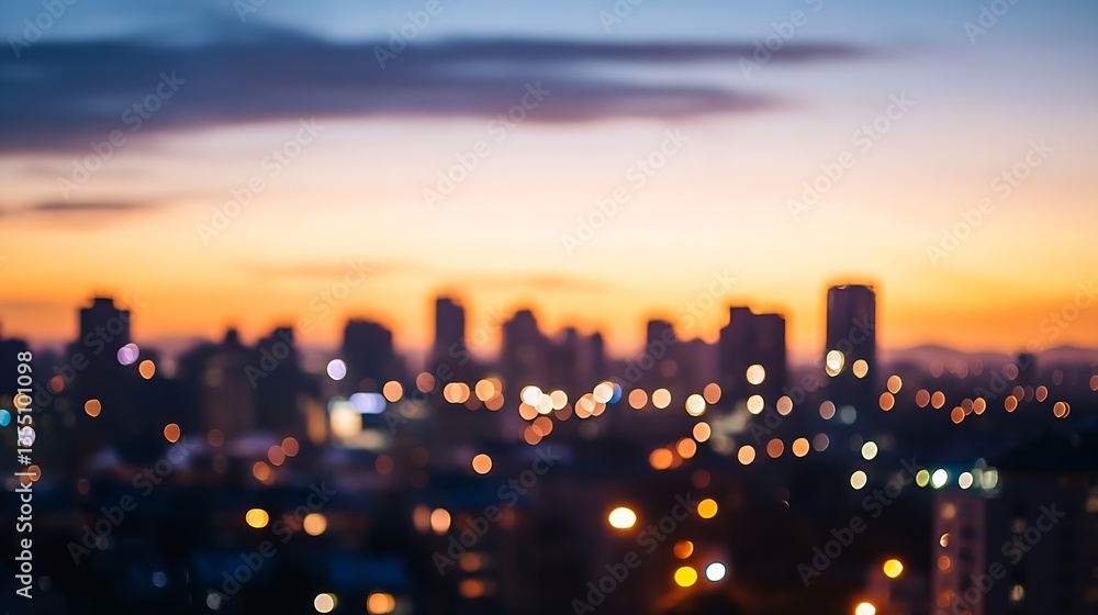 Poster Blurry city skyline at sunset with bokeh lights creating a beautiful atmospheric scene : Generative AI