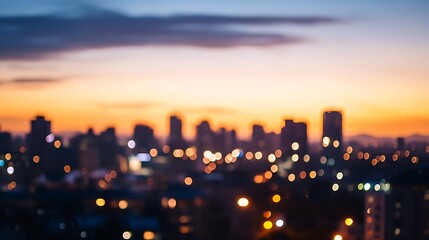 Blurry city skyline at sunset with bokeh lights creating a beautiful atmospheric scene : Generative AI