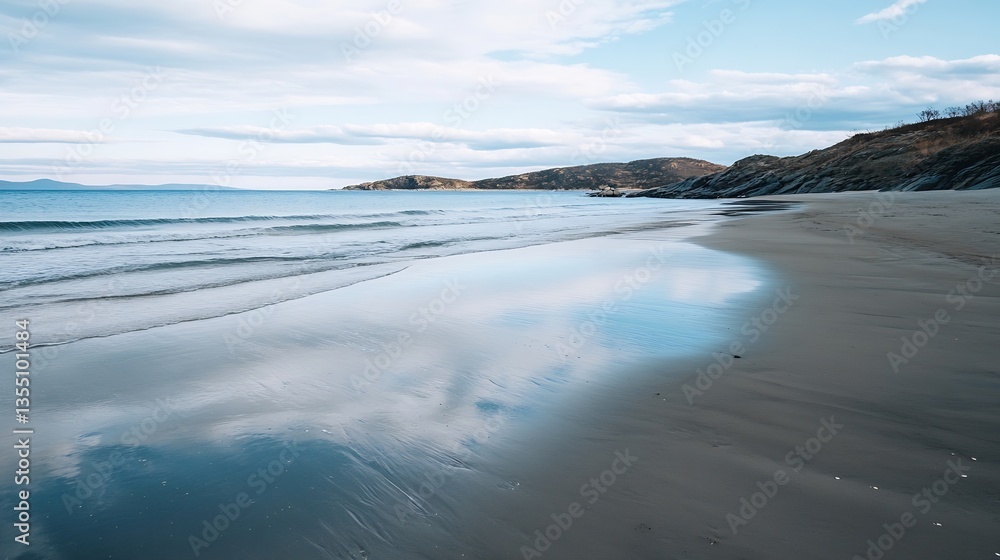 Poster serene beach view with soft sand and calm waters reflecting the sky : generative ai