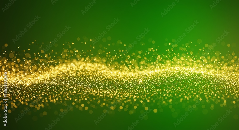 Poster golden particles on green background - abstract of shimmering gold particles floating on a vibrant g