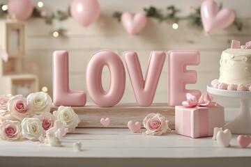 Charming "LOVE" Setup with Pink Roses, Gift Box, and Dessert - Bright and Cheerful Valentine's Theme