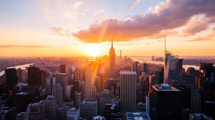 Stunning view of city skyline at sunset with iconic skyscrapers and a beautiful warm glow : Generative AI