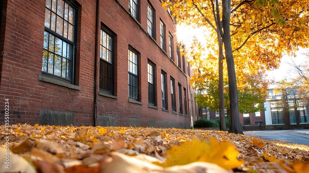 Aufkleber autumn leaves blanket a sunlit pathway near a brick building in a vibrant campus setting : generativ