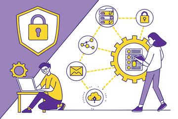 39 Cybersecurity infographic, flat design illustration, cartoon characters, tech icons, data protection symbols, purple and yellow color scheme, laptop security, mobile security, network protection, u