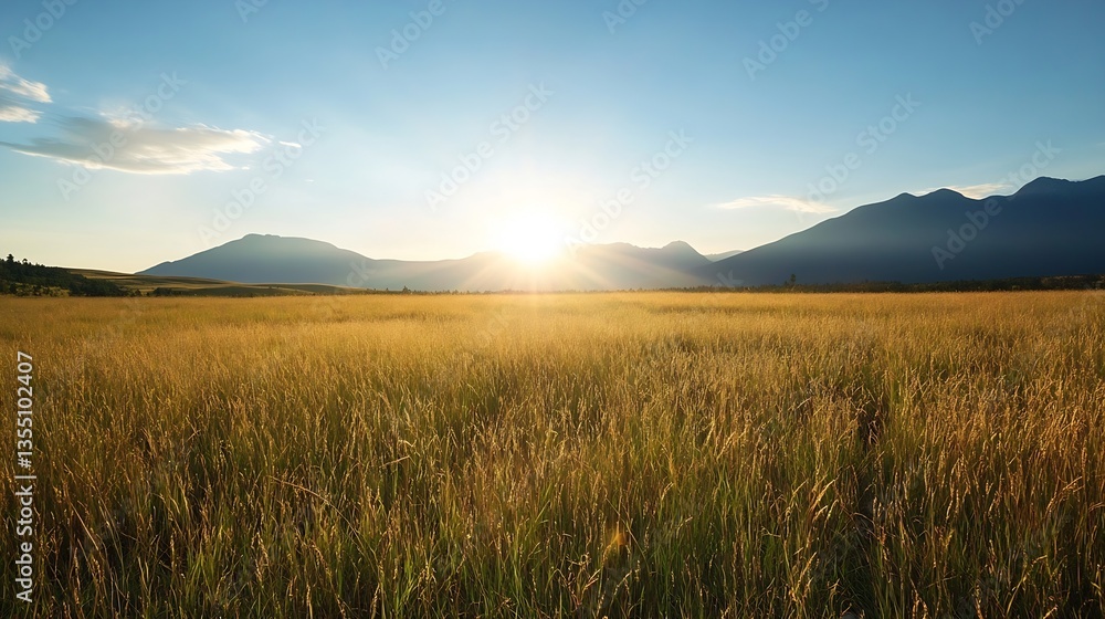 Poster Golden field illuminated by the rising sun with mountains in the background : Generative AI