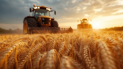 Fototapeta premium Two powerful tractors are harvesting golden wheat under a stunning sunset, showcasing the beauty of agricultural productivity, hard work, and the harmony of nature and technology in farming.
