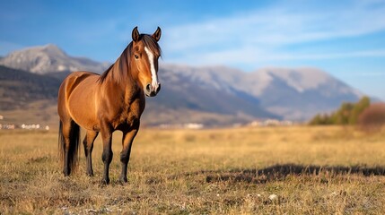 Obraz premium Captivating portrait of a majestic horse standing in a serene field showcasing the beauty of nature and equestrian life : Generative AI