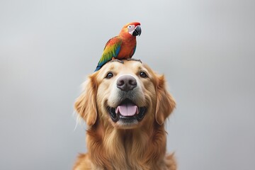 Happy Golden Retriever dog with open mouth and tongue out while perched by parrot on its head
