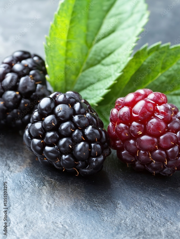 Poster fresh and juicy blackberries and raspberries with green leaves on a slate background : generative ai