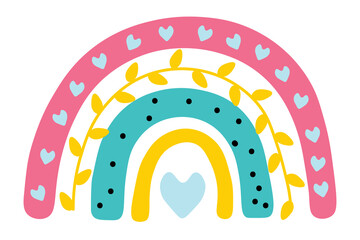 Cute cartoon rainbow with  branch of leaves, heart and dots. Blue, yellow, pink, black, turquoise colors. One icon isolated on  white background. Children's theme. Flat design.
