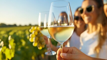 Group of friends raising glasses of white wine, smiling in the sunlight with a vineyard and grapevines in the background
