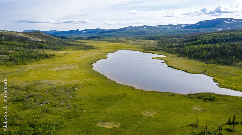 Poster aerial view of a serene green landscape featuring a calm lake surrounded by lush vegetation and dist
