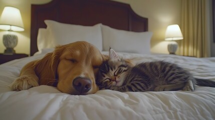 Golden Retriever and Tabby Cat Sleeping Together on a Bed in a Cozy Bedroom Environment