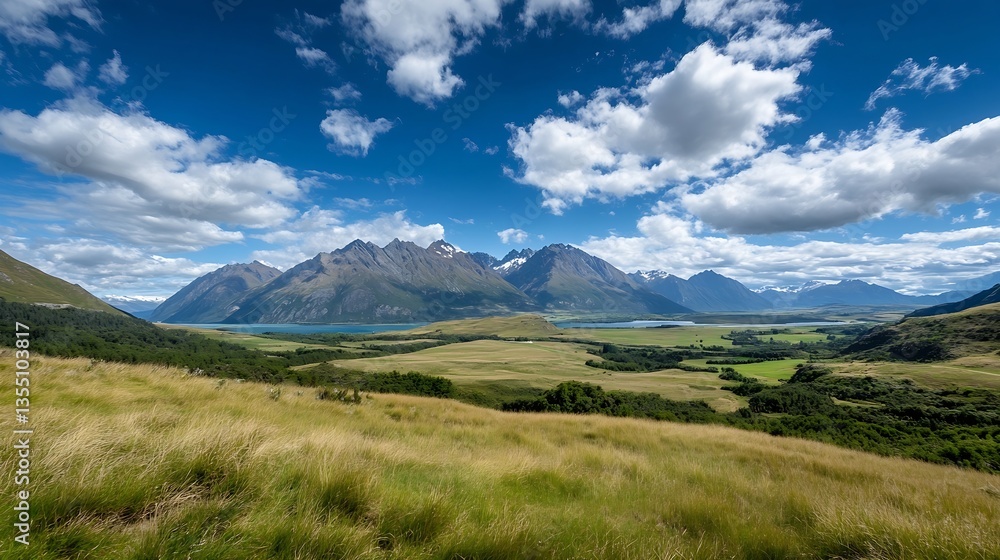 Poster breathtaking panoramic view of mountains and lake under a blue sky with fluffy clouds : generative a