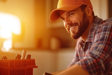 Smiling male technician in a cap and plaid shirt working indoors with a toolbox in warm evening light