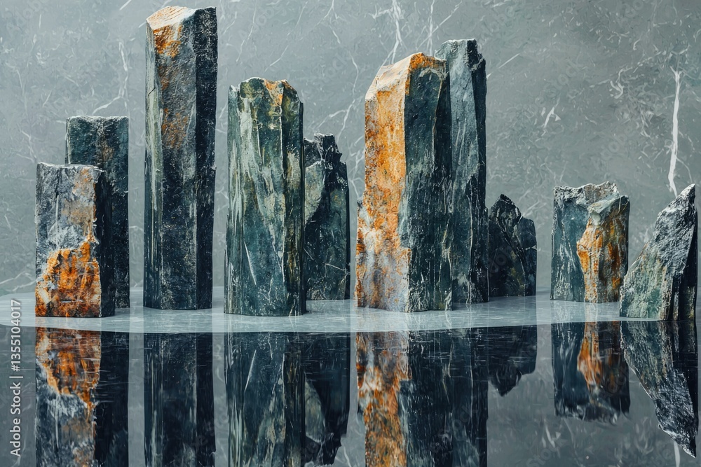 Poster abstract stone arrangement reflecting in still water, creating a serene and minimalist scene.