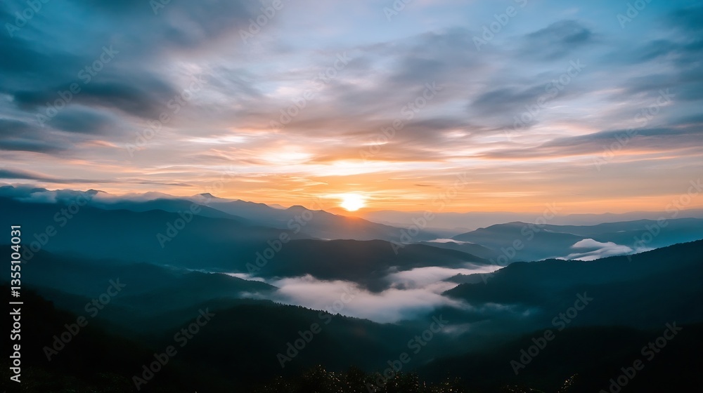 Aufkleber breathtaking view of misty mountains during sunset showcasing layers of hills and valleys : generati