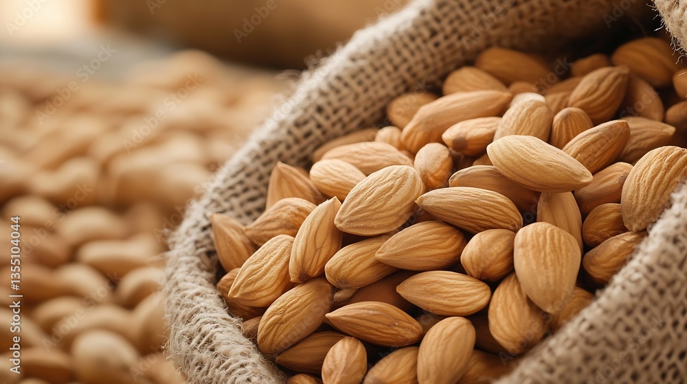 Poster Close up of raw almonds spilling out of a burlap sack against a soft background highlighting their natural texture : Generative AI