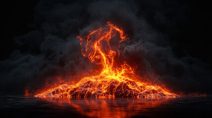 Erupting Volcano at Night with Fiery Lava Flowing Amidst Dark Clouds and Glowing Embers