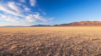 Vast arid landscape of golden grass under a vibrant blue sky with scattered clouds and mountains : Generative AI